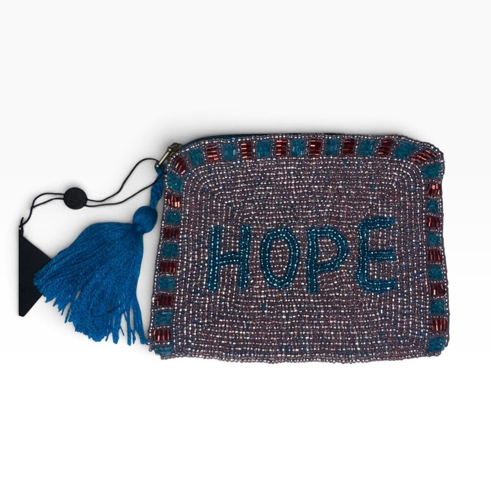 America & Beyond Beaded "Hope" Wristlet Clutch Coin Purse Tassel New Shiny Glam